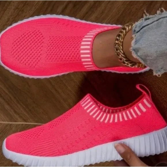 Pink and White Slip-On Sneakers with Knit Design - Picture 2 of 2